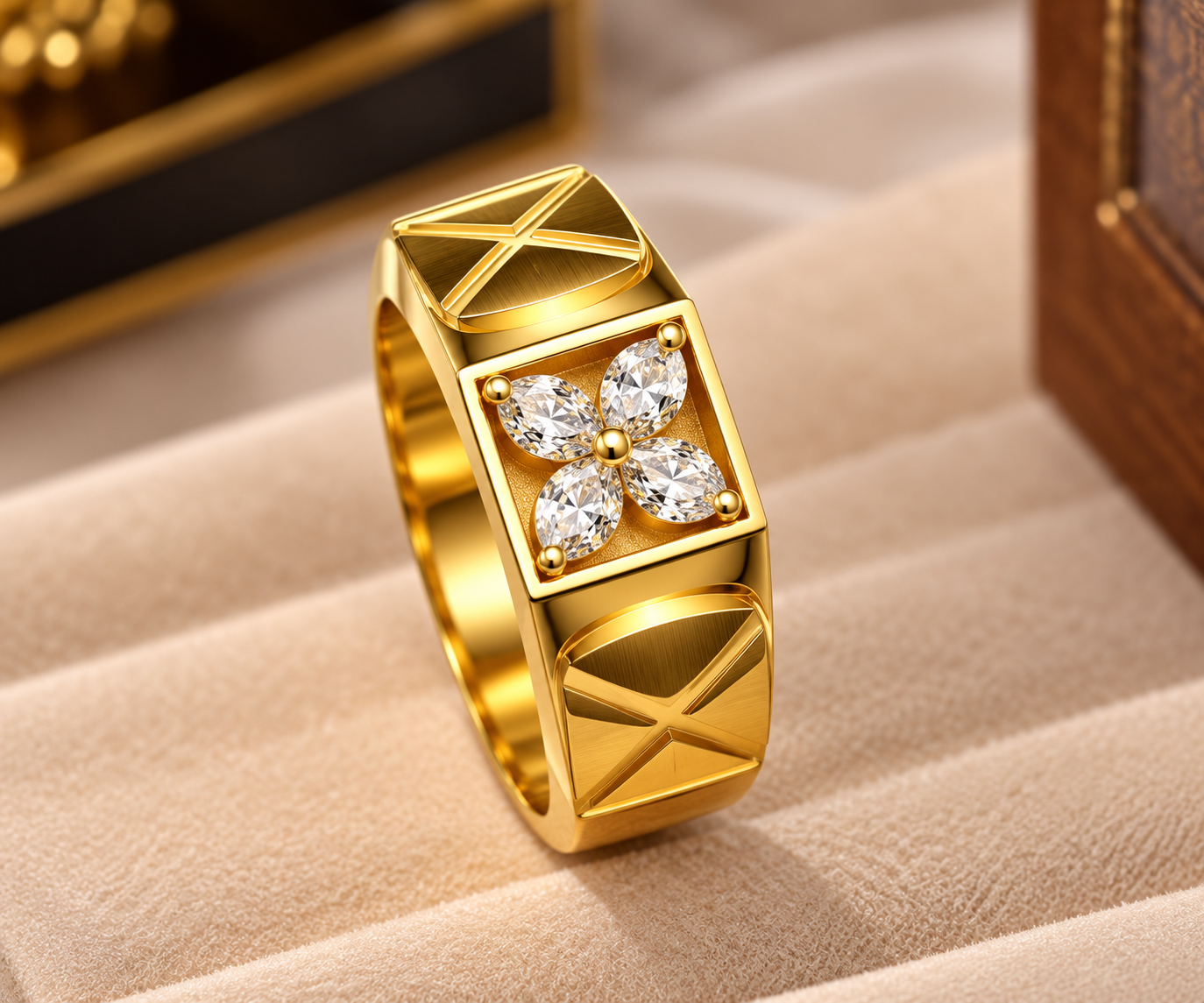 Luxury Gold Ring with Diamond Flower Motif